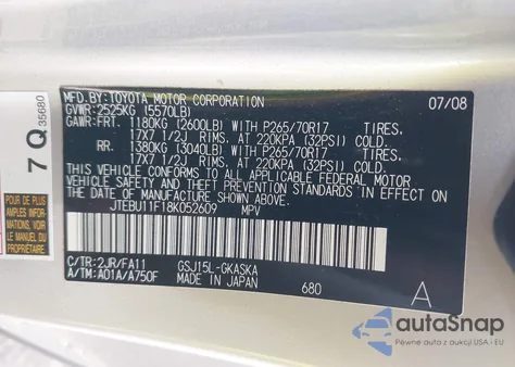 2008 Toyota Fj Cruiser z USA, uszkodzony, nr VIN JTEBU11F18K052609